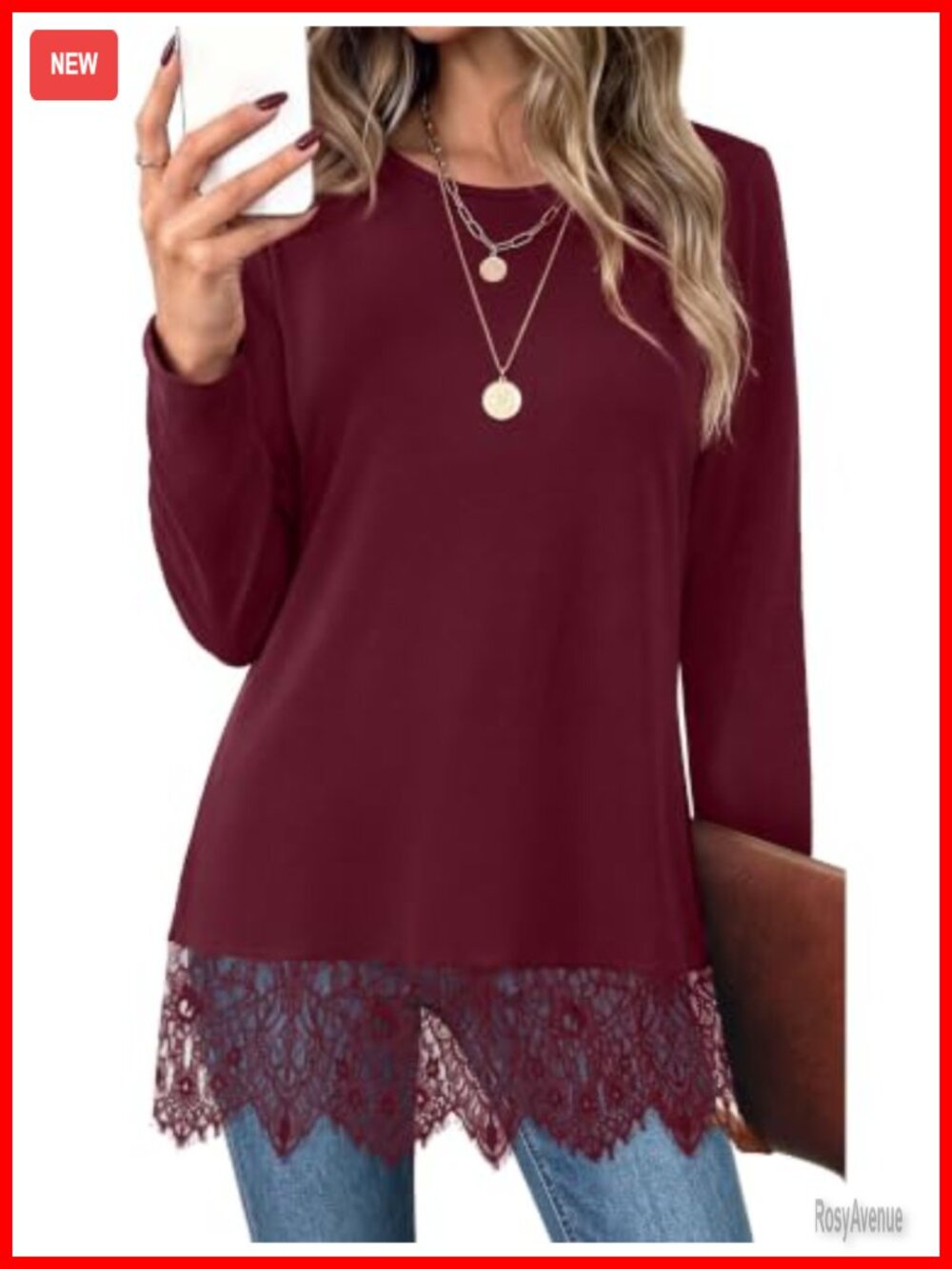 OFEEFAN Women's Lace Hem Tunic Top Long Sleeve Crew Neck Flowy Fit Lace Trim